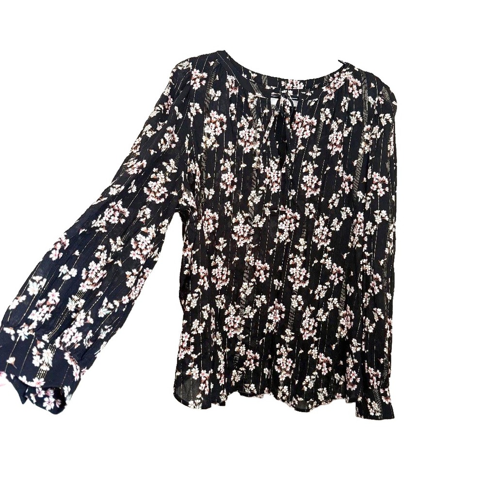LOFT Romance Tie Neck Blouse Black Floral Gold Metallic XL Boho Peasant Cottage
